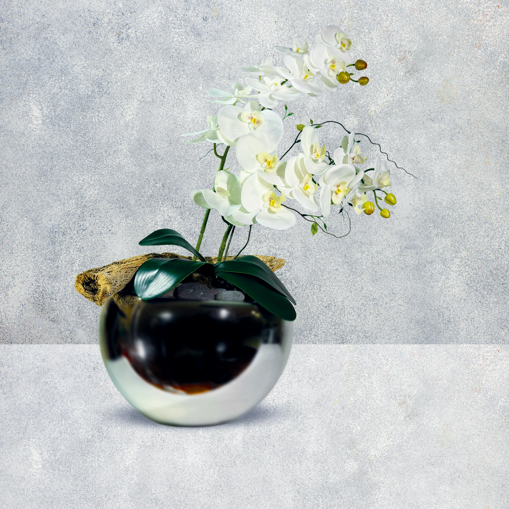 Orquideario Premium de Toque Real – Phalaenopsis en Base Esférica Espejo